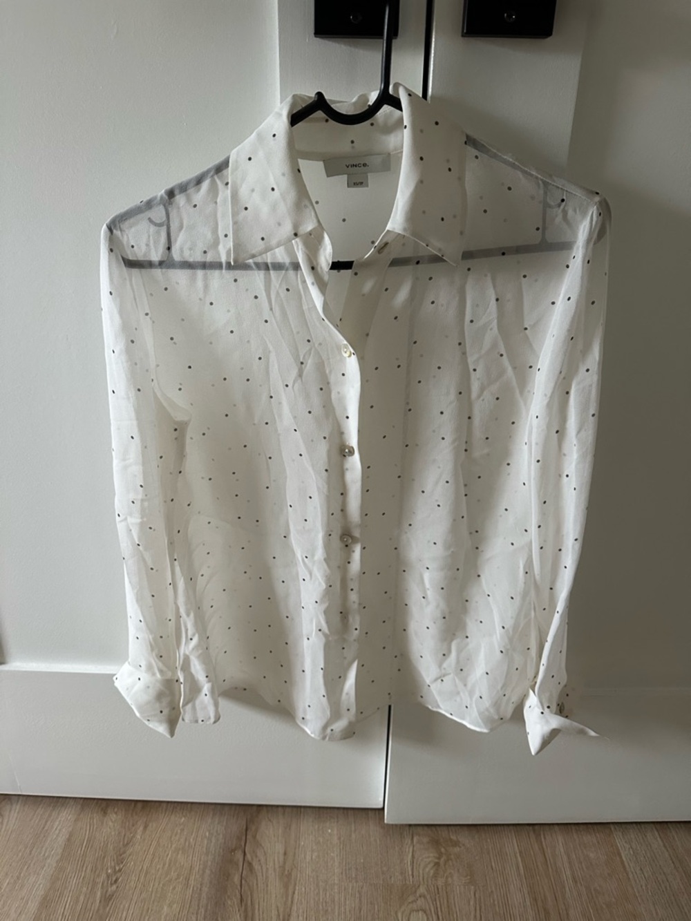 Vince White Sheer Button-Up Blouse with Black Micro Dots